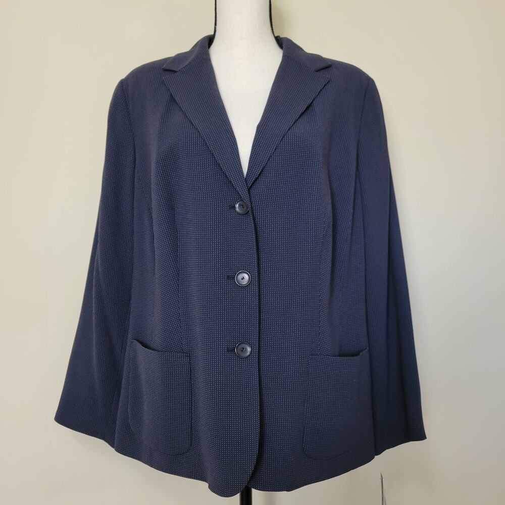 NWT Kate Hill Woman Sz 18W 3 Button Front Blazer Jacket Pockets Navy Blue Pindot